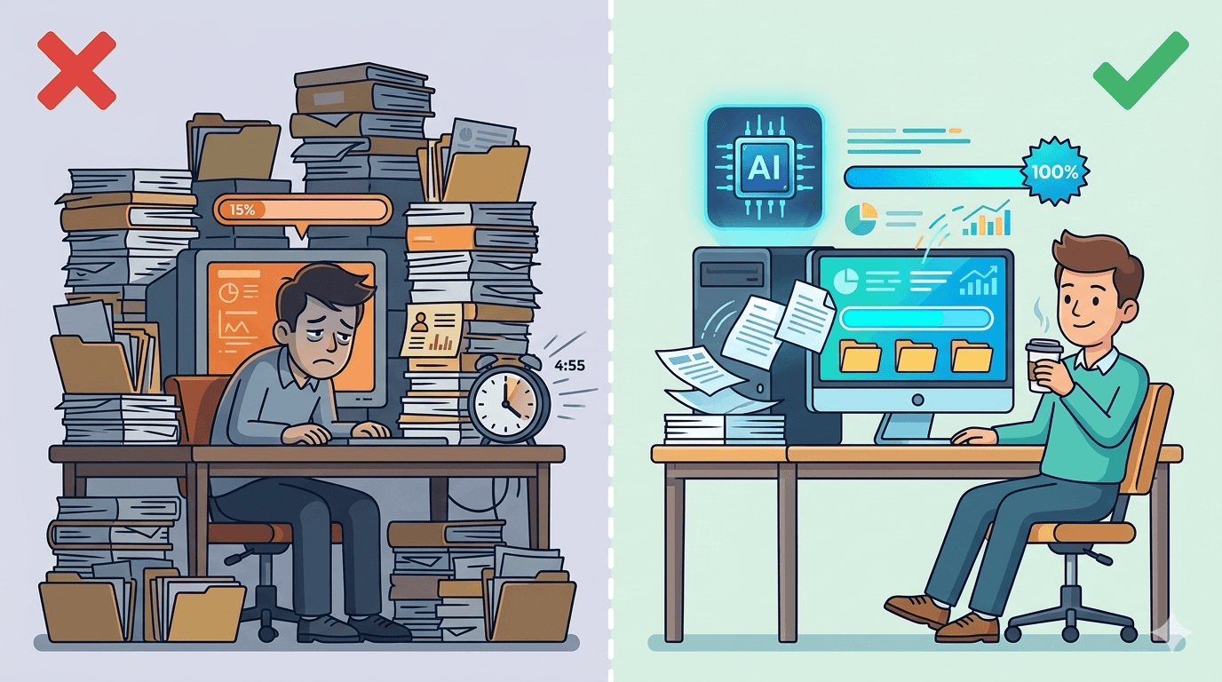 Illustrated comparison showing a person manually doing repetitive data entry on the left versus an automated AI system completing the same task instantly on the right