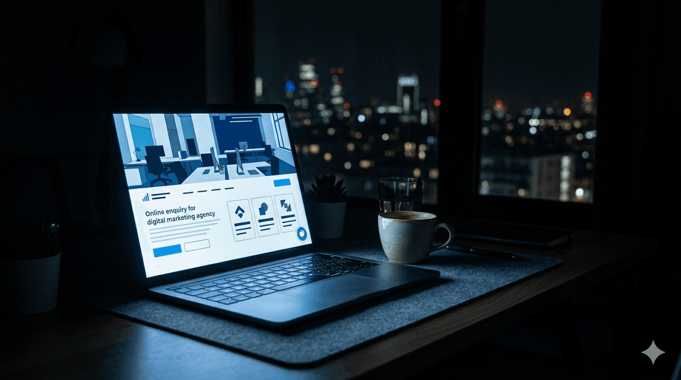 Laptop glowing on a dark desk at night showing a business website with contact form and chat widget, symbolizing 24/7 availability