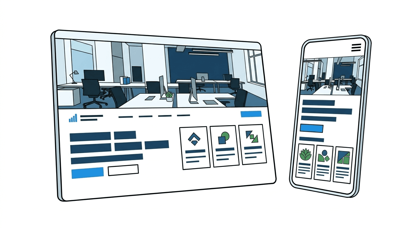Side-by-side comparison of a business website on desktop and mobile showing responsive design