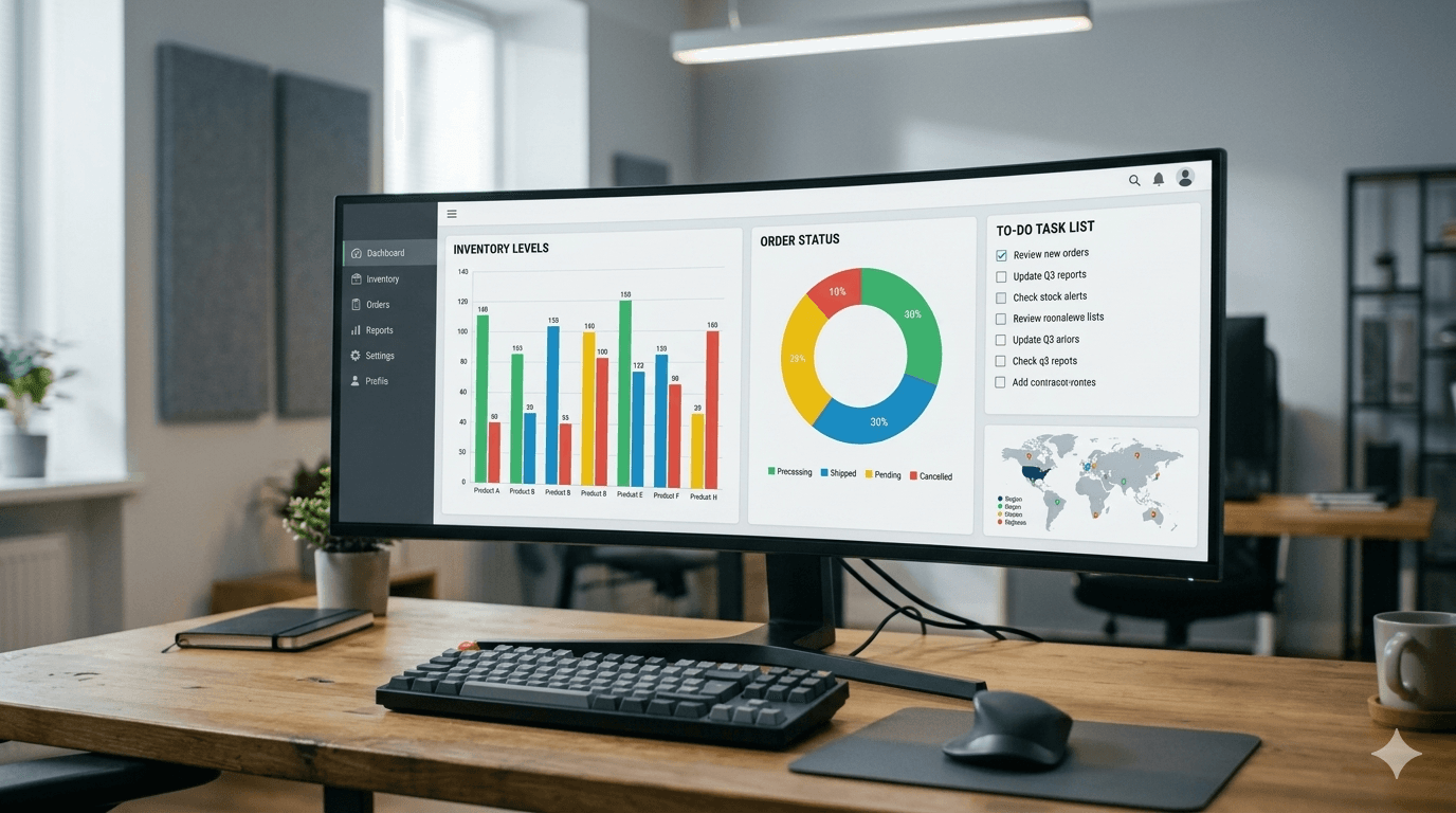 Large office monitor displaying a custom business software dashboard with inventory charts, order status, and task management panels all in one unified interface