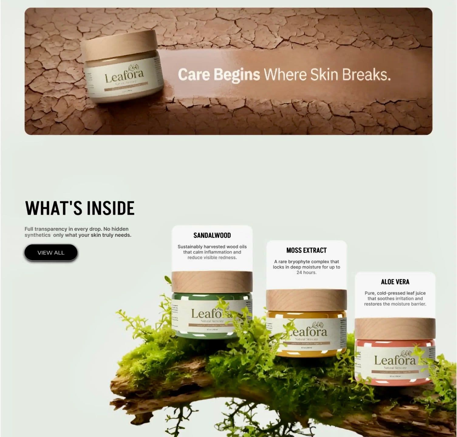 Leafora — Botanical Skincare E-Commerce Website What inside section