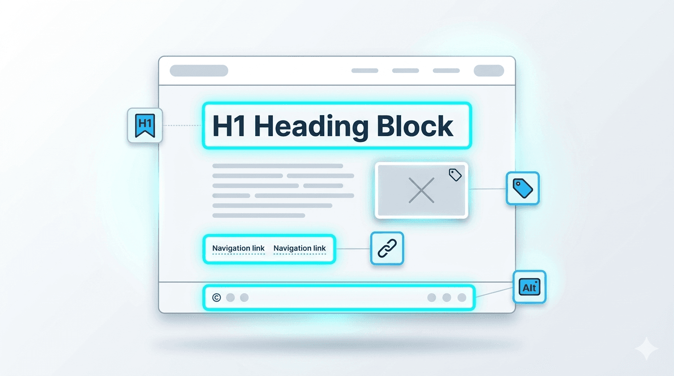 Flat illustration of a webpage layout showing SEO elements like H1 heading, meta description, image alt text, and internal links highlighted and labeled