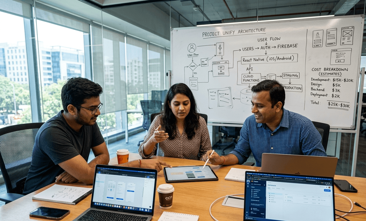 an Indian mobile app development team during a planning session. Three developers (diverse ages 25-35, professional casual attire) gathered around a large conference table reviewing app wireframes on an iPad Pro.