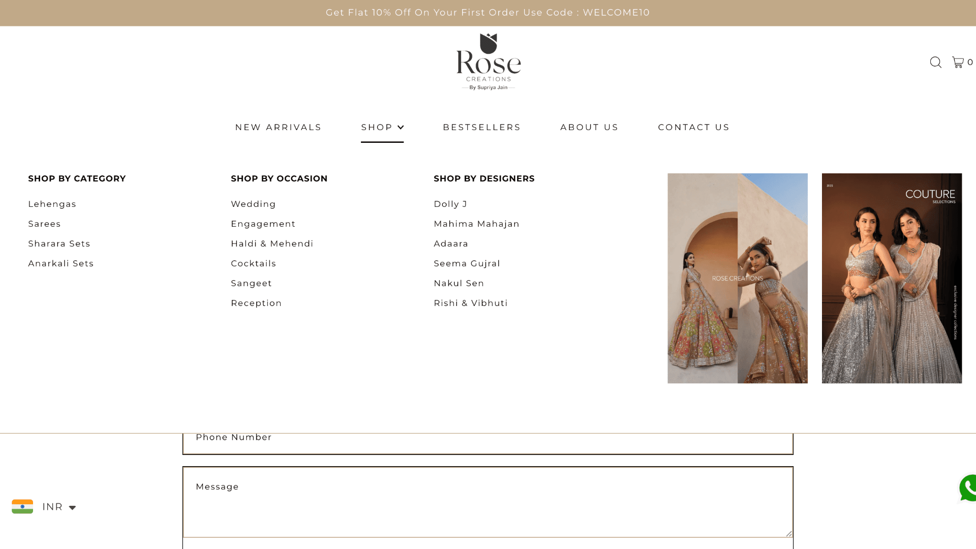Rose Creations: Premium Couture & Bridal Fashion E-Commerce Store Menu